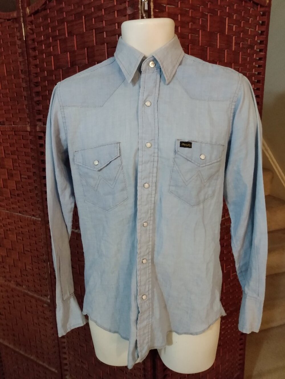 Vintage 70s Wrangler Western Shirt Blue 15X34 Extra Long Tails Size S/M